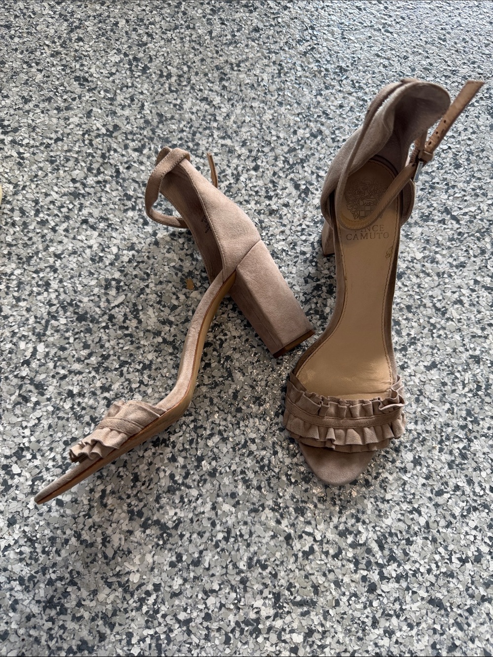 Vince Camuto Beige Ruffle Ankle-Strap Block Heels